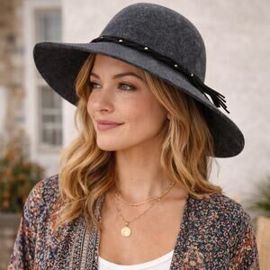 Lucky Brand 100% Wool Dark Gray BOHO HIPPIE Festival/Concert Hat Leather Studs